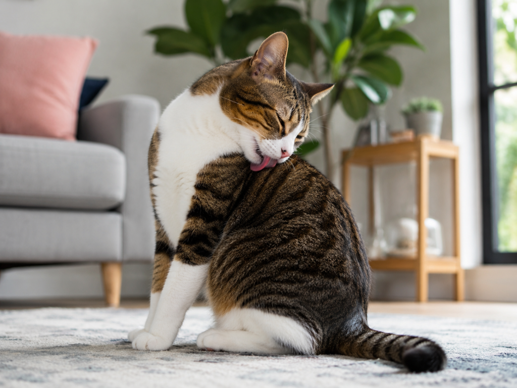 Healthy cat calmly grooming her coat in a relaxed home environment.