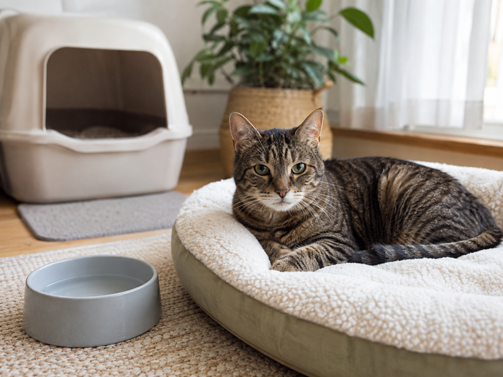 Healthy senior cat resting comfortably in an accessible home environment.