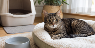 Healthy senior cat resting comfortably in an accessible home environment.