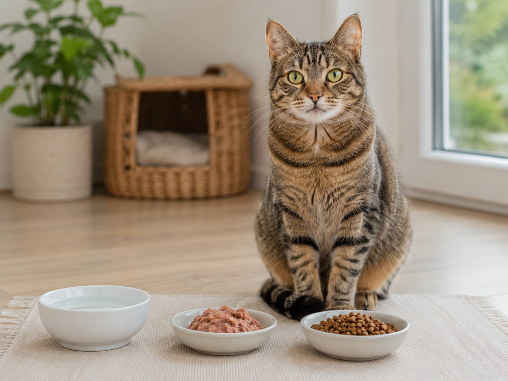 Healthy cat beside measured wet and dry food with fresh water.