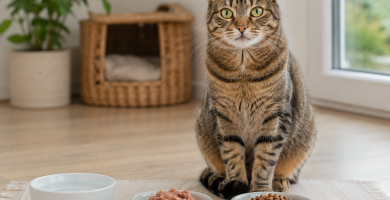 Healthy cat beside measured wet and dry food with fresh water.