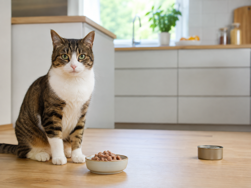 Healthy cat beside a small bowl of complete tuna-flavored cat food.