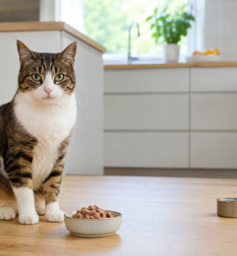 Healthy cat beside a small bowl of complete tuna-flavored cat food.