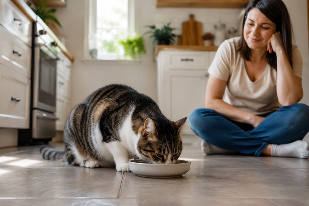 Relaxed cat eating comfortably while its owner sits nearby.