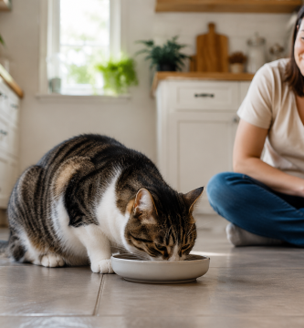 Relaxed cat eating comfortably while its owner sits nearby.