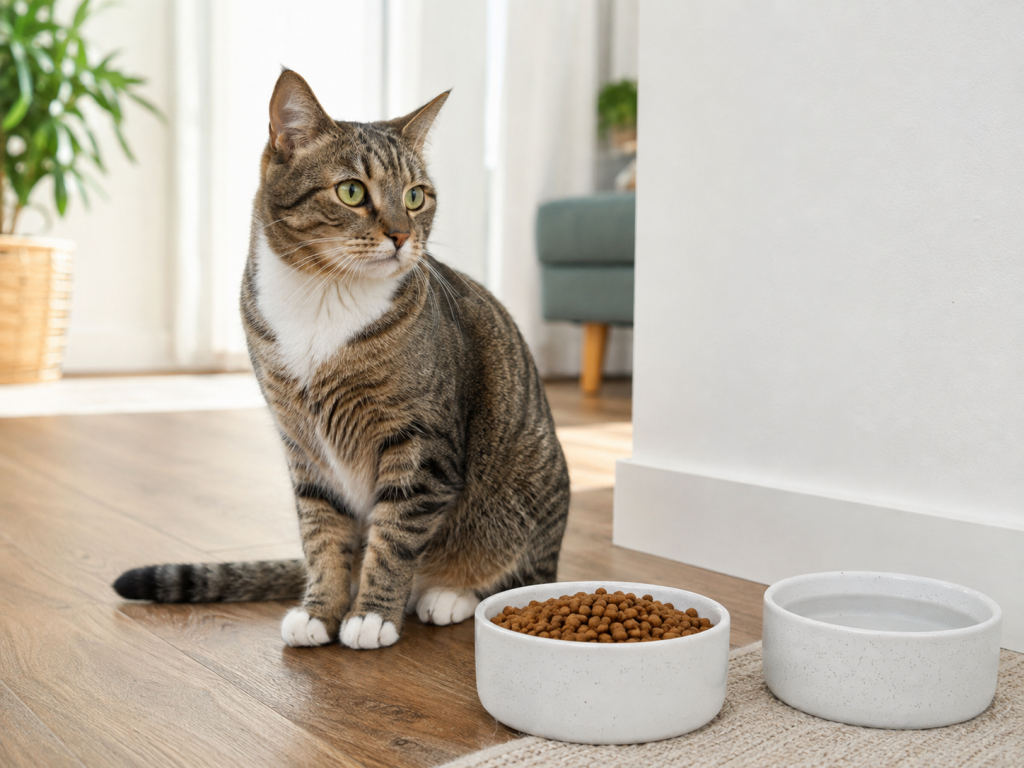 Cat sitting beside an untouched food bowl after losing interest in eating.