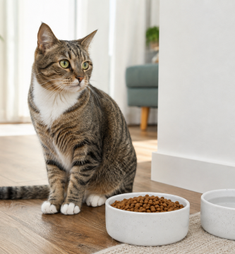 Cat sitting beside an untouched food bowl after losing interest in eating.
