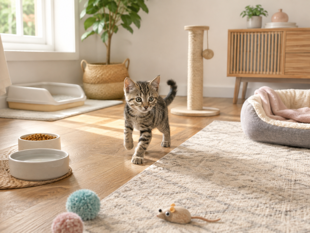 Healthy kitten exploring a safe home with essential kitten care supplies.
