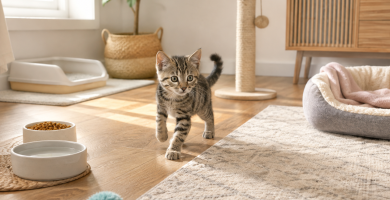 Healthy kitten exploring a safe home with essential kitten care supplies.