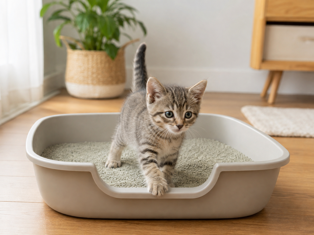 Kitten learning to use a clean low-entry litter box.