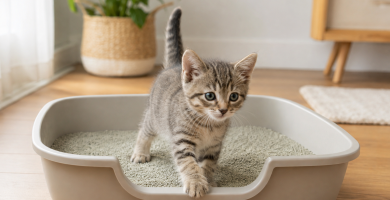 Kitten learning to use a clean low-entry litter box.
