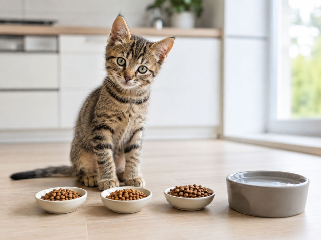 Healthy kitten beside measured portions of kitten food for several daily meals.