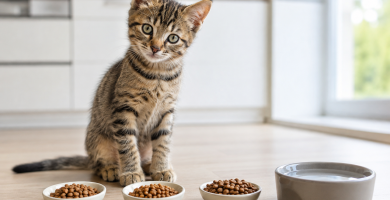 Healthy kitten beside measured portions of kitten food for several daily meals.