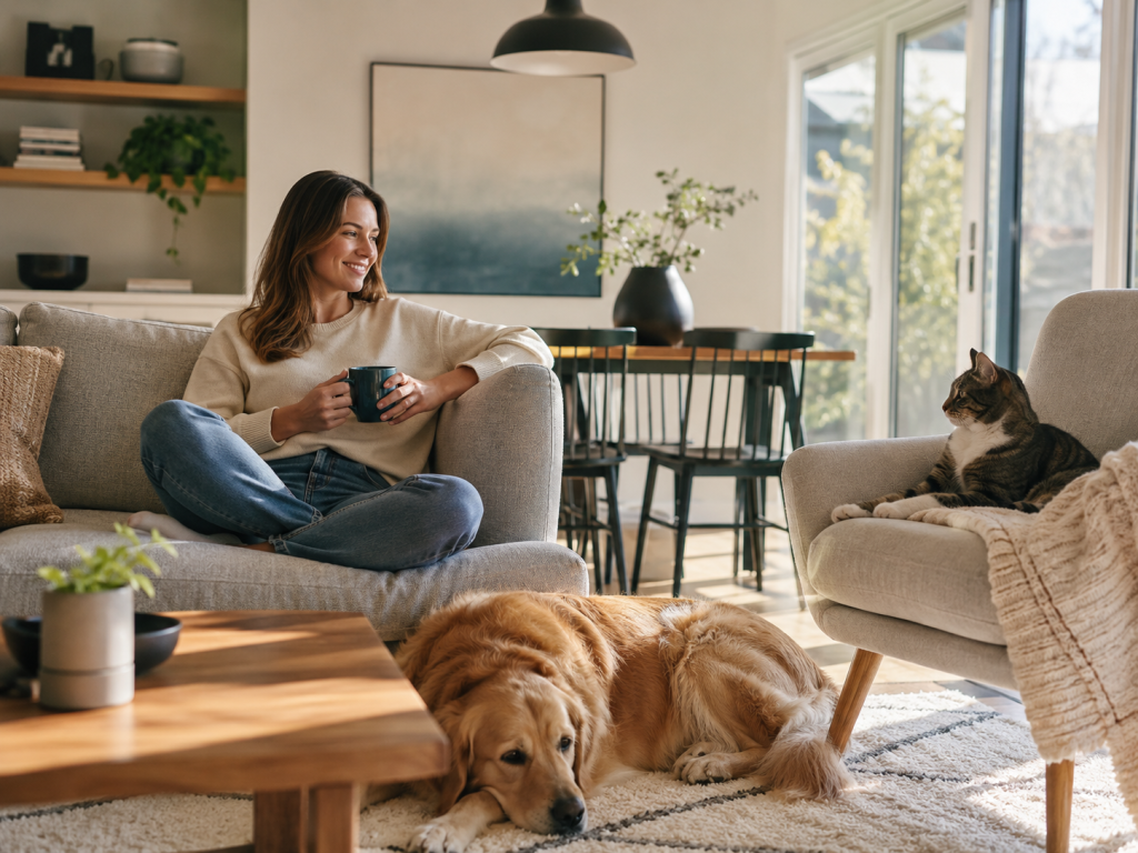 Relaxed dog and cat spending time with their owner at home.