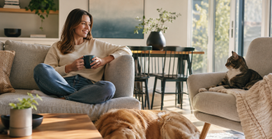 Relaxed dog and cat spending time with their owner at home.
