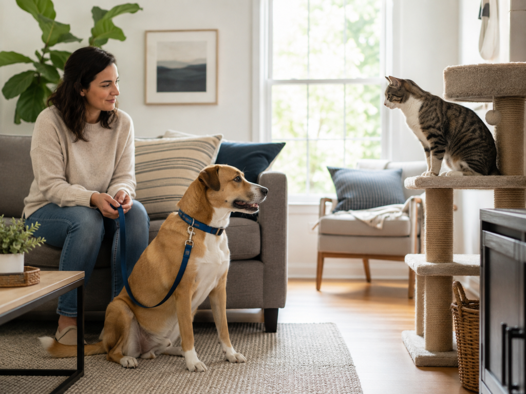 Dog and cat meeting calmly from a safe distance during a gradual pet introduction.