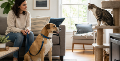 Dog and cat meeting calmly from a safe distance during a gradual pet introduction.