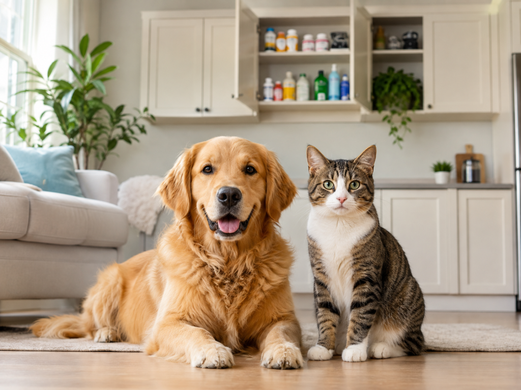 Dog and cat in a pet-safe home with dangerous household products stored securely.