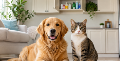 Dog and cat in a pet-safe home with dangerous household products stored securely.