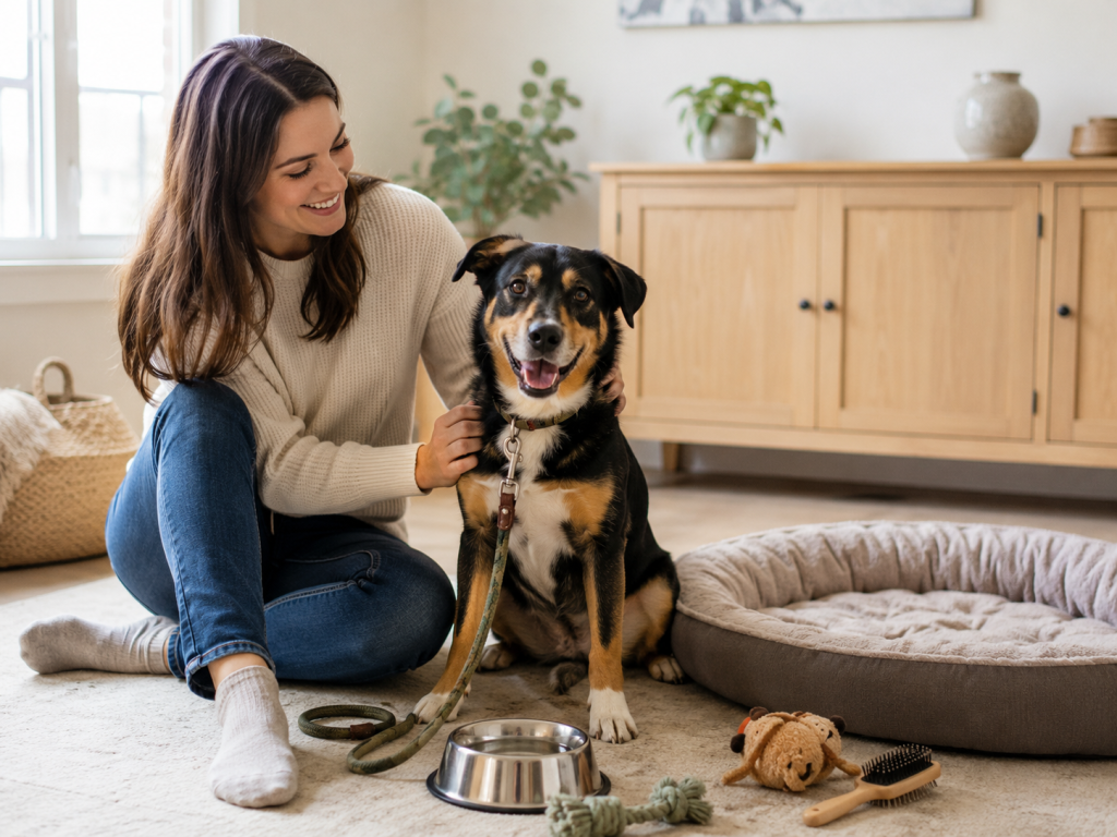 Healthy adult dog relaxing at home with essential dog care supplies.