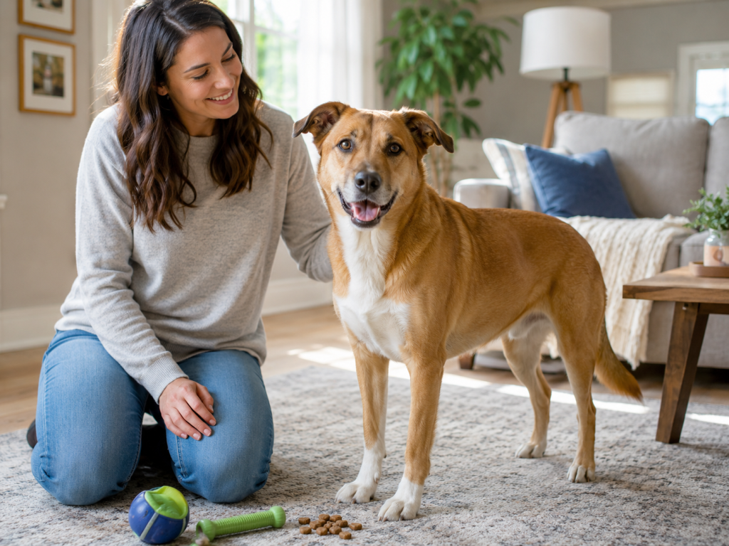 Relaxed adult dog displaying calm and comfortable body language at home.