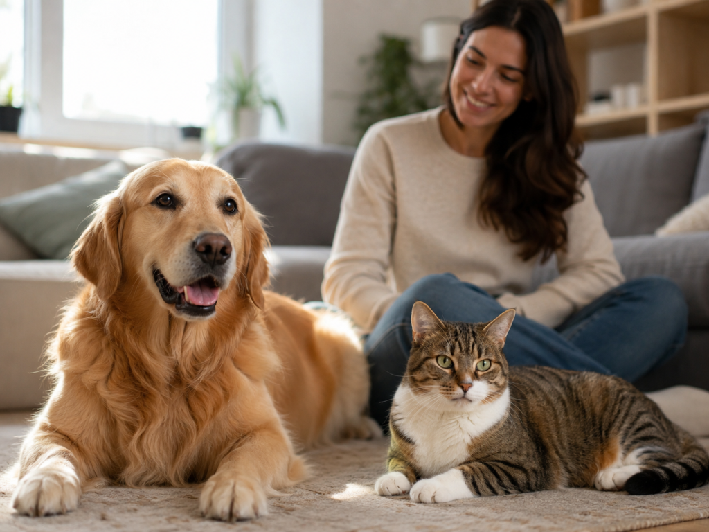 Relaxed dog and cat displaying comfortable everyday body language at home.