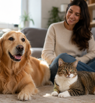 Relaxed dog and cat displaying comfortable everyday body language at home.