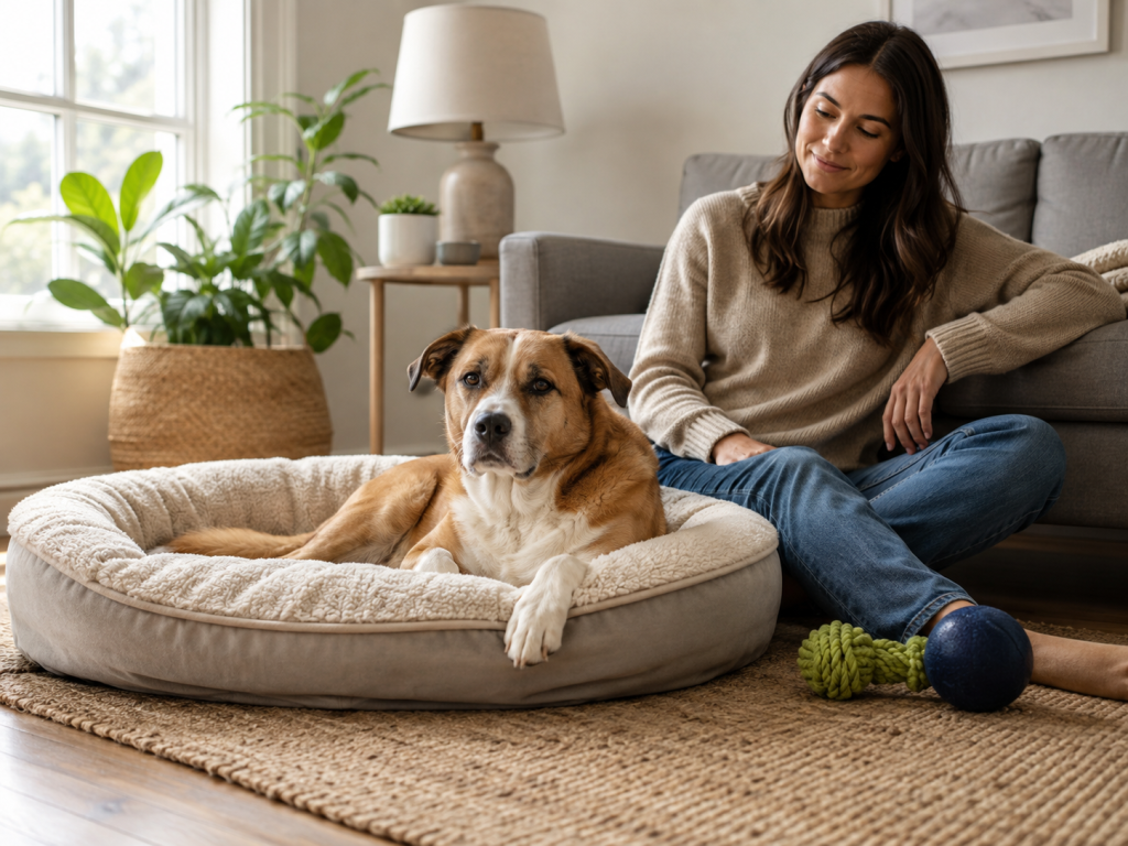 Relaxed dog resting comfortably with its owner in a calm home environment.