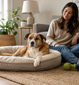 Relaxed dog resting comfortably with its owner in a calm home environment.