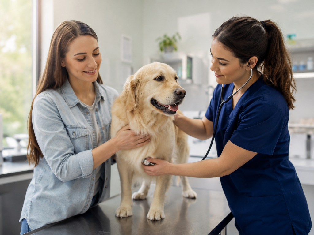 Healthy dog receiving a routine veterinary wellness examination.