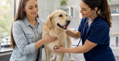 Healthy dog receiving a routine veterinary wellness examination.