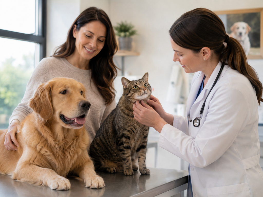 Healthy dog and cat receiving routine preventive veterinary care.