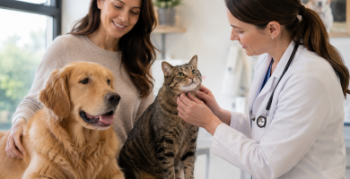 Healthy dog and cat receiving routine preventive veterinary care.