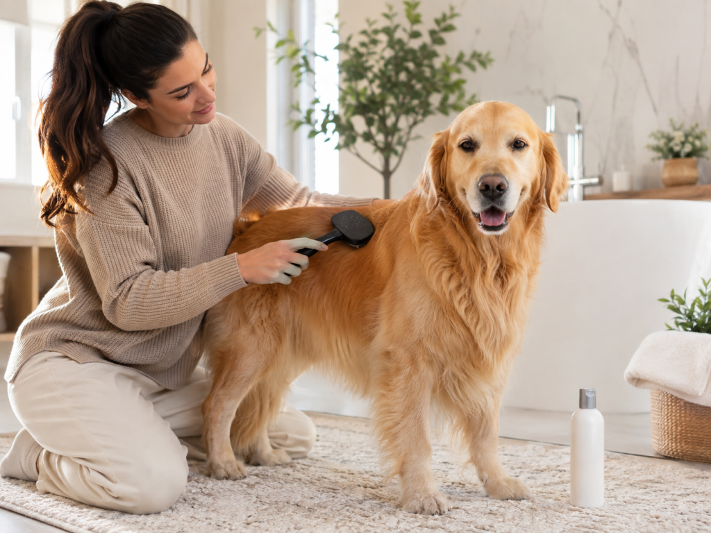 Healthy dog receiving gentle routine brushing for coat and skin care.
