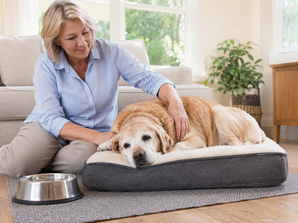 Healthy senior dog resting comfortably in an accessible home environment.