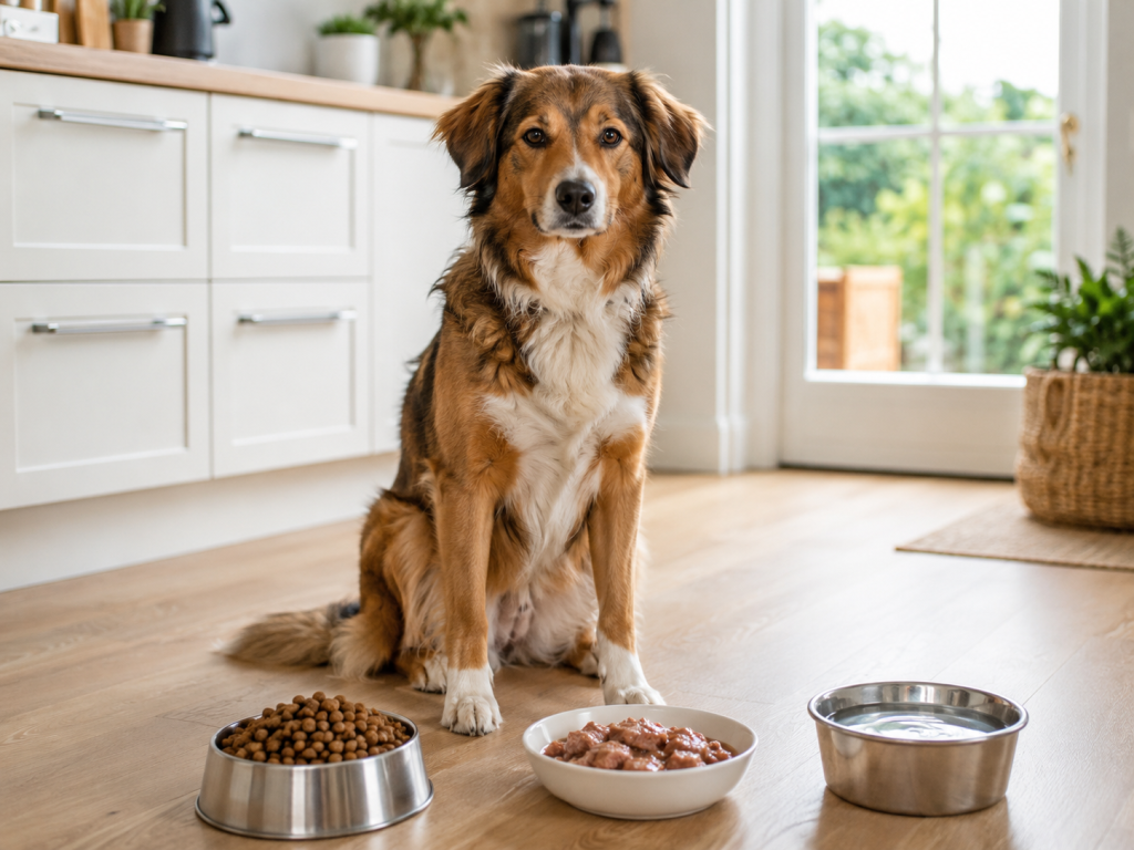 Healthy dog beside measured complete dog food and fresh drinking water.