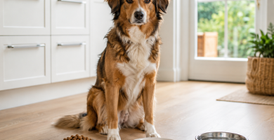 Healthy dog beside measured complete dog food and fresh drinking water.