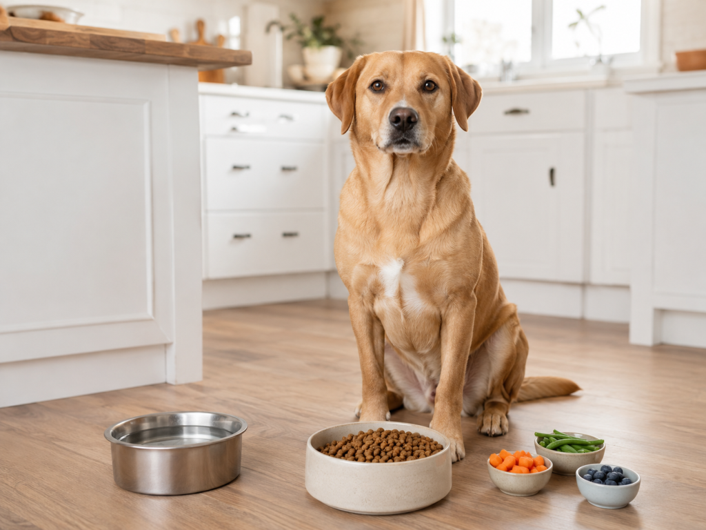 Healthy dog beside a measured meal and small portions of safe dog-friendly foods.
