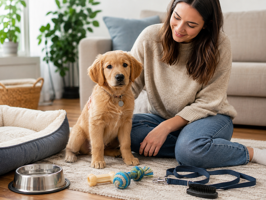 Healthy puppy relaxing in a safe home with essential puppy care supplies.