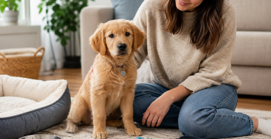 Healthy puppy relaxing in a safe home with essential puppy care supplies.