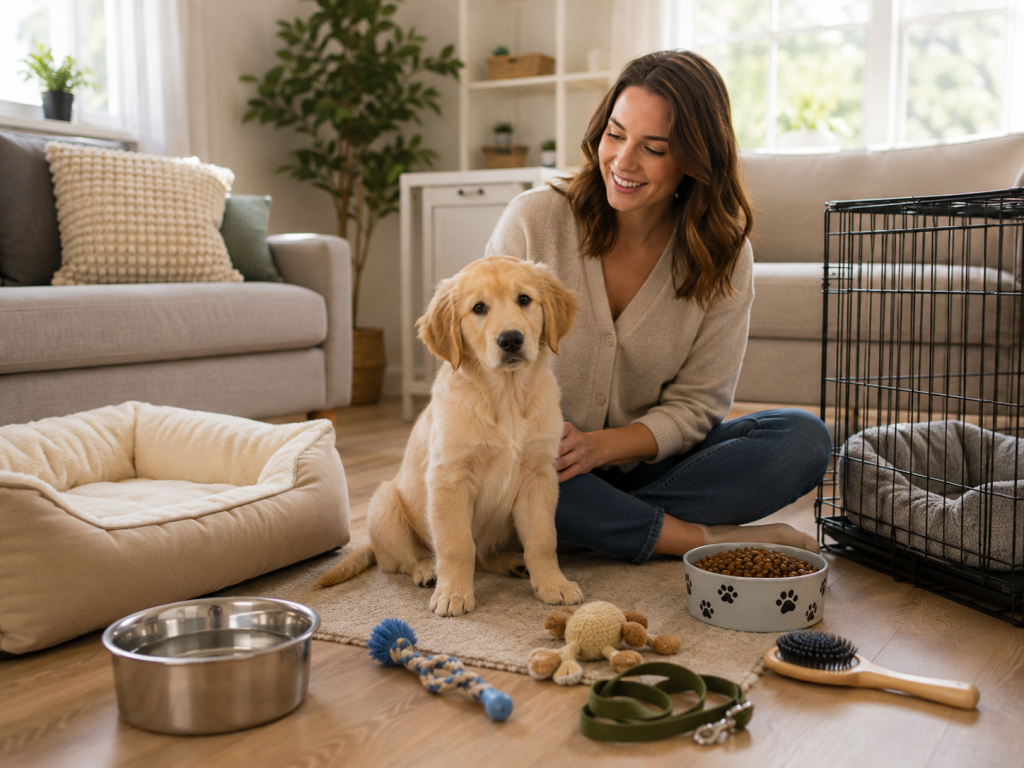 Healthy puppy in a safe home with essential puppy care supplies.