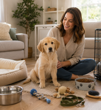 Healthy puppy in a safe home with essential puppy care supplies.