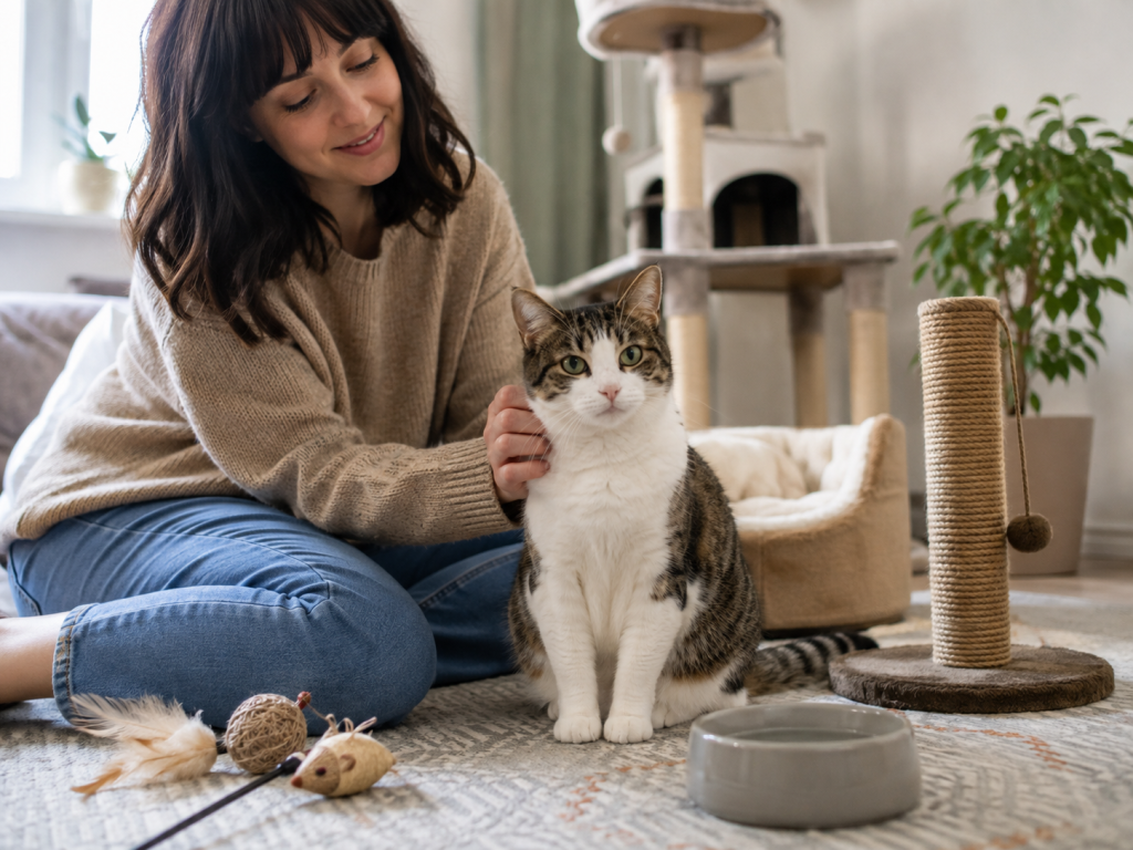 Healthy relaxed cat in a comfortable home with essential feline resources.