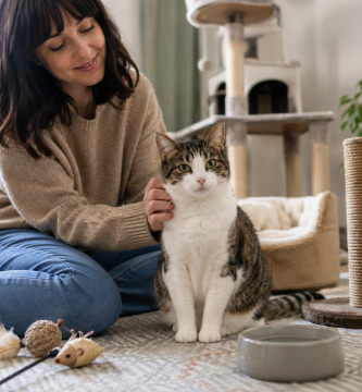 Healthy relaxed cat in a comfortable home with essential feline resources.