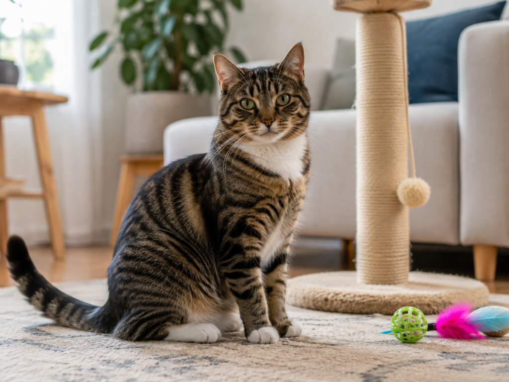 Relaxed adult cat displaying calm and comfortable body language at home.