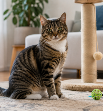 Relaxed adult cat displaying calm and comfortable body language at home.