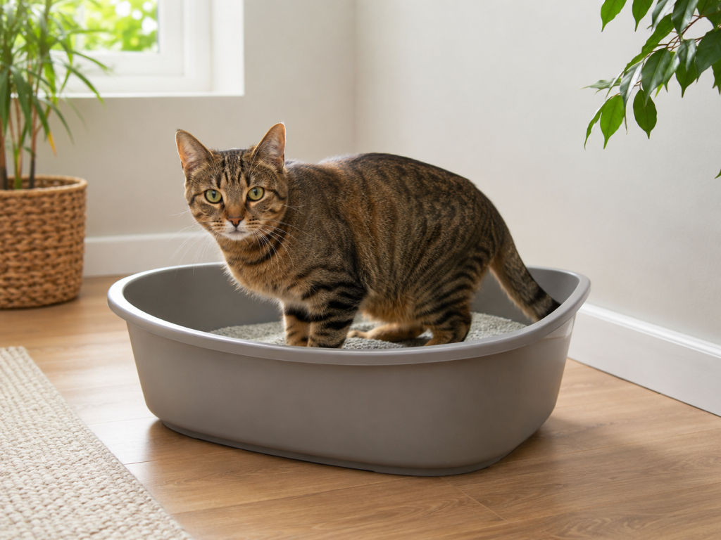 Healthy cat comfortably using a clean and accessible litter box.