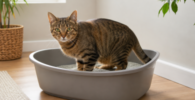 Healthy cat comfortably using a clean and accessible litter box.