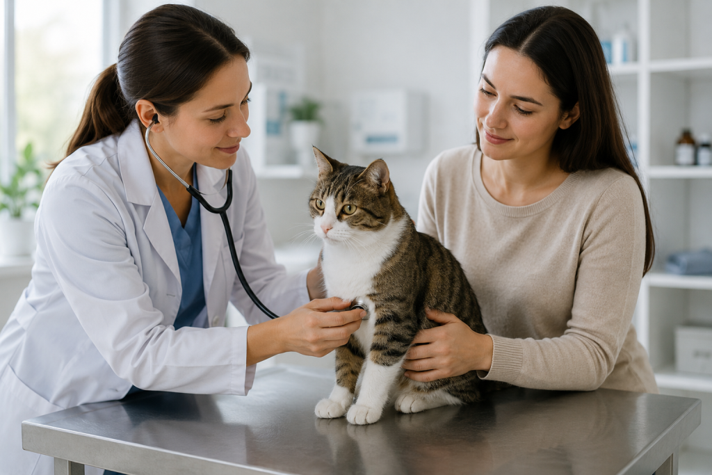 Healthy cat receiving a routine veterinary health and wellness examination.