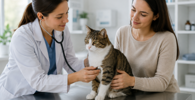 Healthy cat receiving a routine veterinary health and wellness examination.